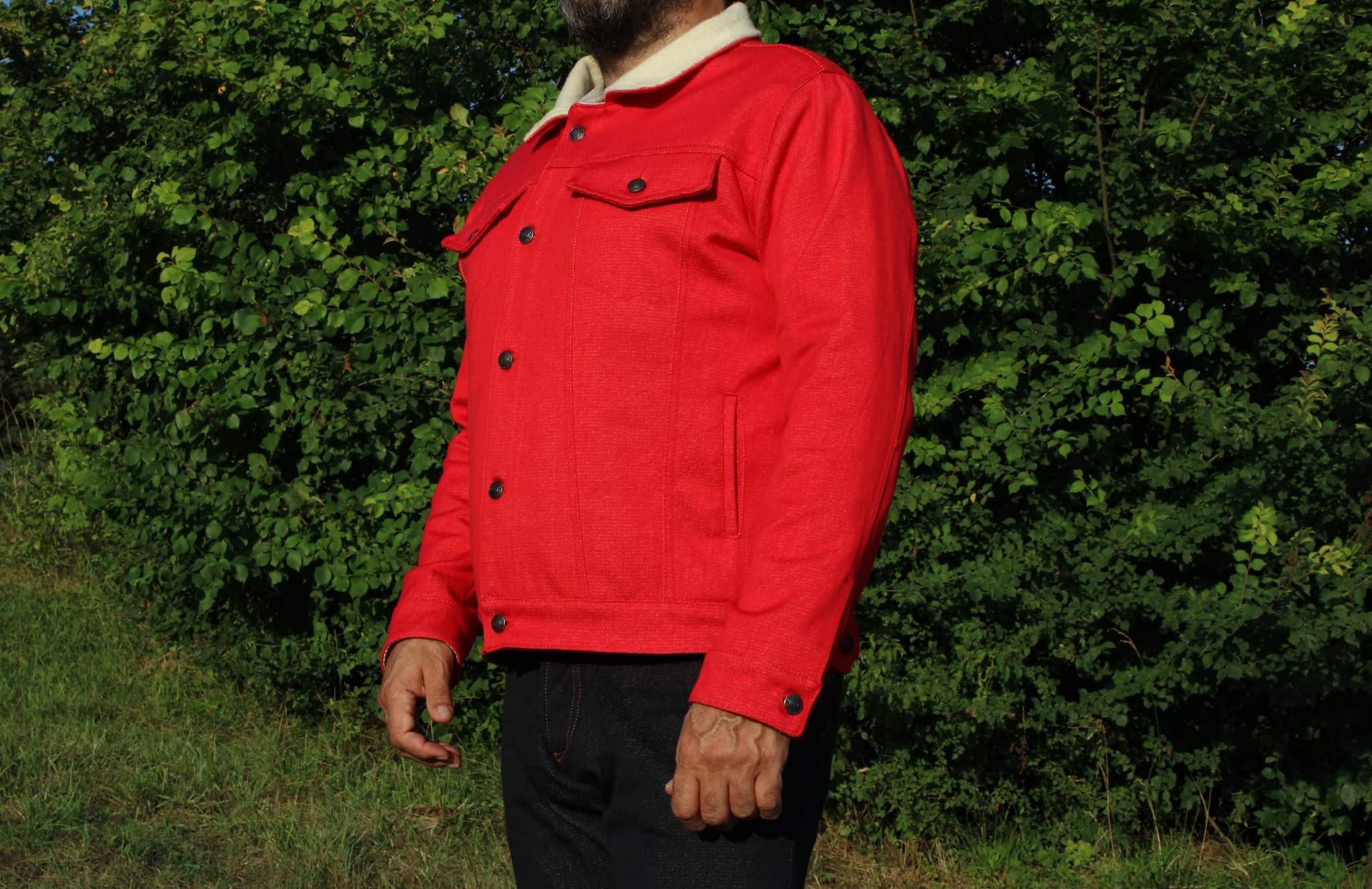 Veste Homme en Jean Rouge coton BIO doubl e laine Pyr n es