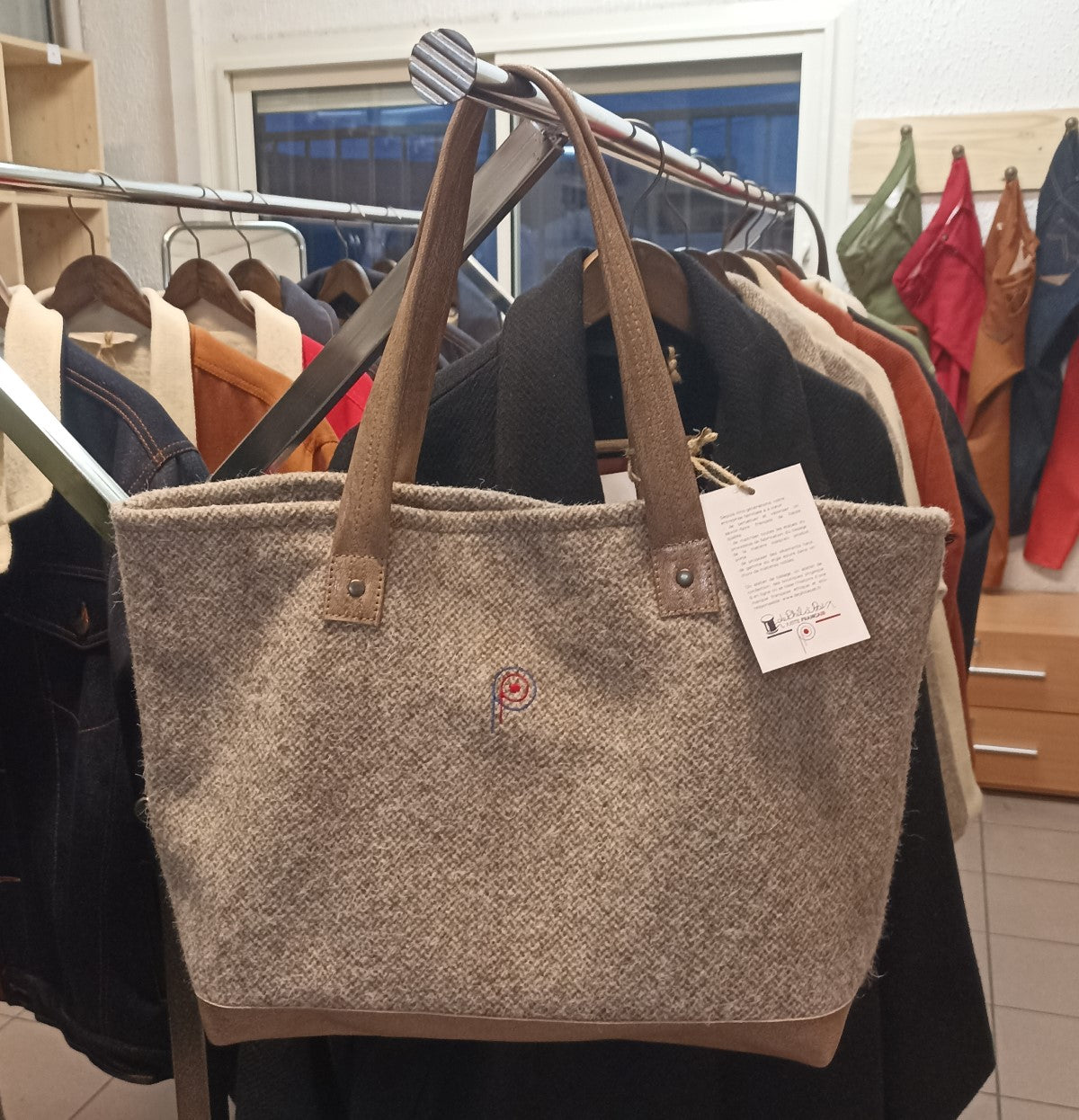 Sac à main laine et cuir gris chiné